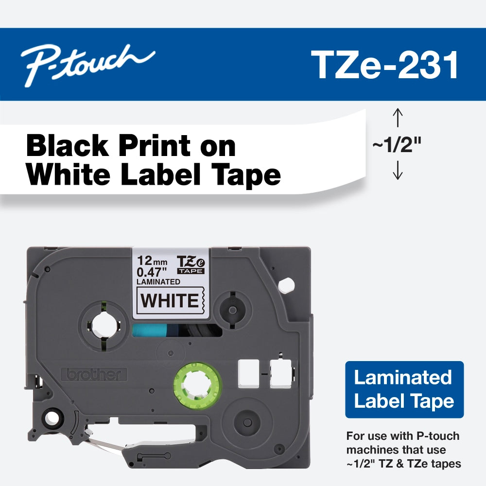 Brother TZe-231 Black-On-White Tape, 0.5in x 26.2ft