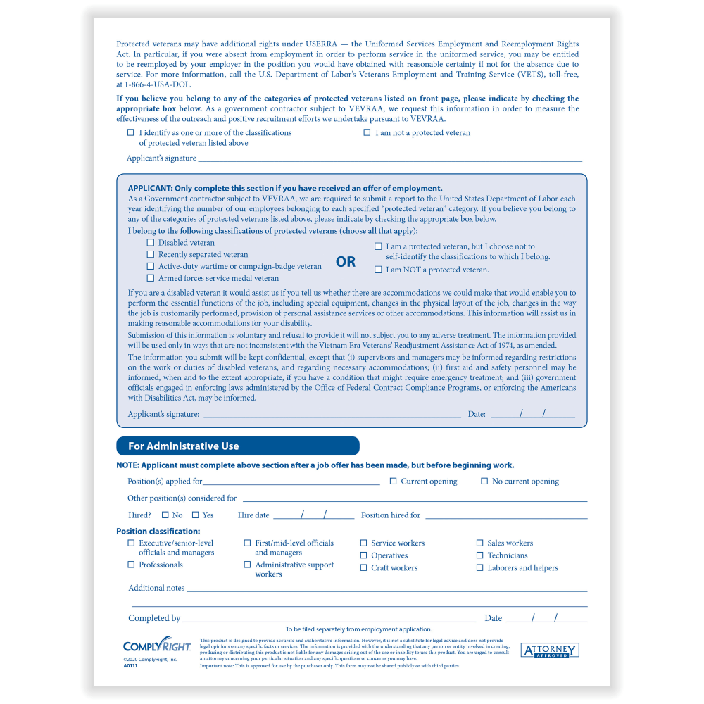 ComplyRight Voluntary Affirmative Action And Veteran Status Data Forms, 8-1/2in x 11in, Pack Of 25 Forms