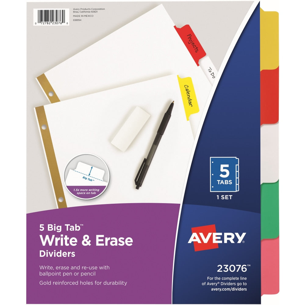 Avery Big Tab Write-On Tab Dividers With Erasable Laminated Tabs, 5-Tab, Multicolor