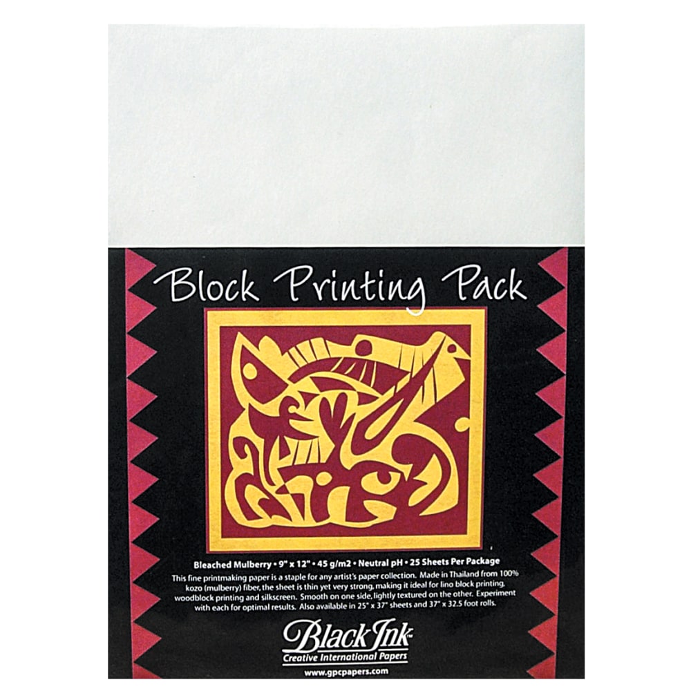 Black Ink Thai Mulberry Block Printing Paper, 9in x 12in, White, Bleached, Pack Of 25 Sheets