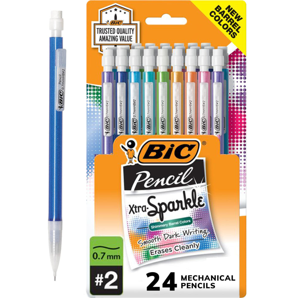 BIC Xtra Sparkle Mechanical Pencils, 0.7mm, #2 Lead, Assorted Barrel Color, Pack Of 24