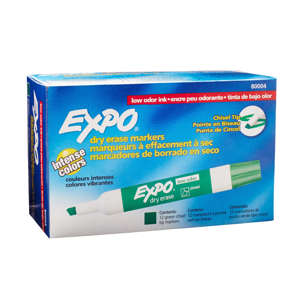 EXPO Low-Odor Dry-Erase Marker, Chisel Point, Green, Pack of 12