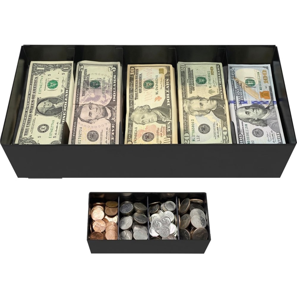 Nadex Coins Steel 5-Compartment Currency Tray with Coin Tray Insert and Lockable Cover - Stainless Steel, Plastic, Metal - Black - 7in Height x 15.4in Width