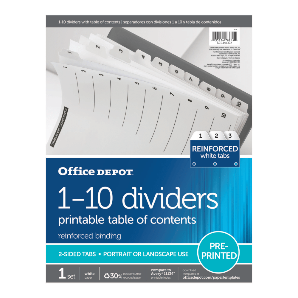 Office Depot Brand Table Of Contents Customizable Index With Preprinted Tabs, White, Numbered 1-10