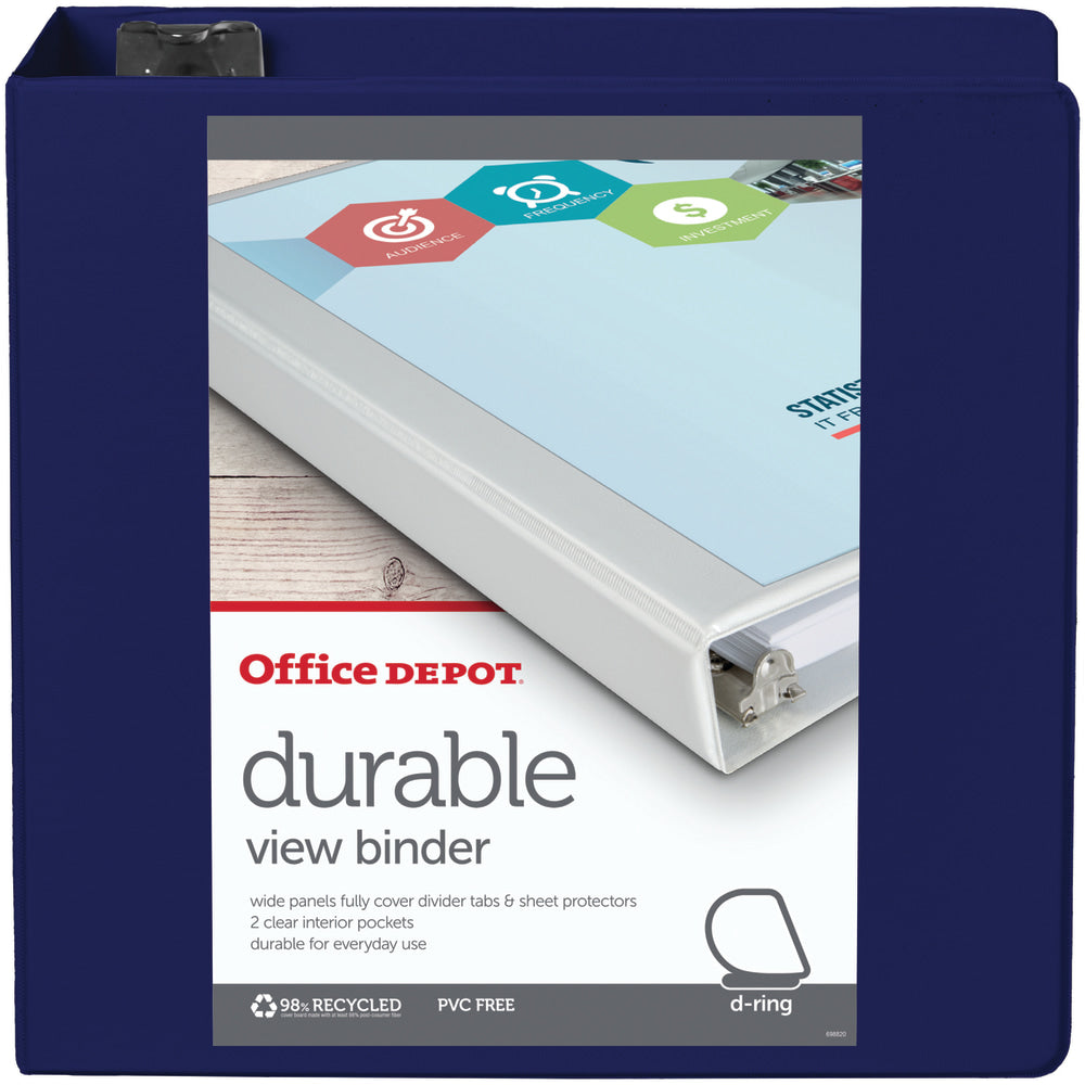 Office Depot Brand Durable View 3-Ring Binder, 4in D-Rings, Blue