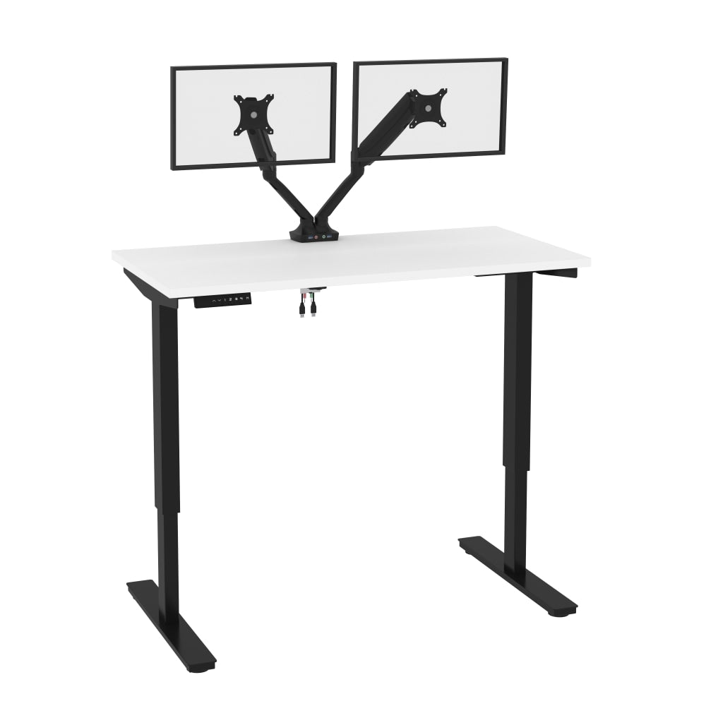 Bestar Universel Electric 48inW Standing Desk With Dual Monitor Arm, White