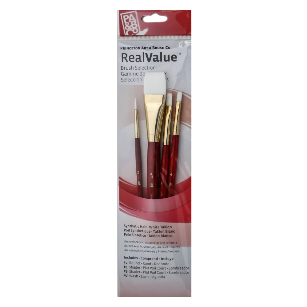 Princeton Real Value Series 9125 Red-Handle Brush Set, Assorted Sizes, Synthetic, Red, Set Of 4