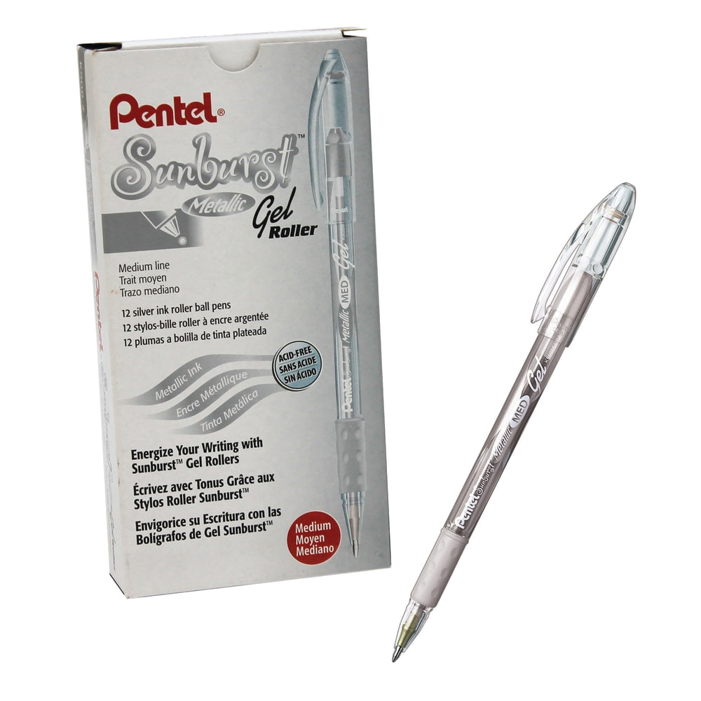 Pentel Sunburst Metallic Pen, Silver, Pack of 12