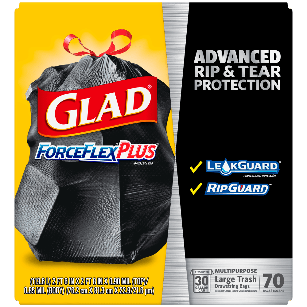 Glad ForceFlex Drawstring Trash Bags, 30 Gallons, Black, Box Of 70 Bags