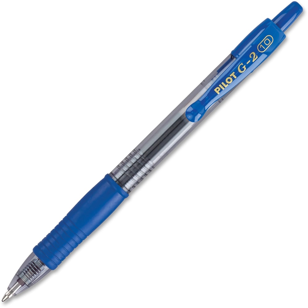 Pilot G2 Retractable Gel Pens, Bold Point, 1.0 mm, Clear Barrels, Blue Ink, Pack Of 12 Pens