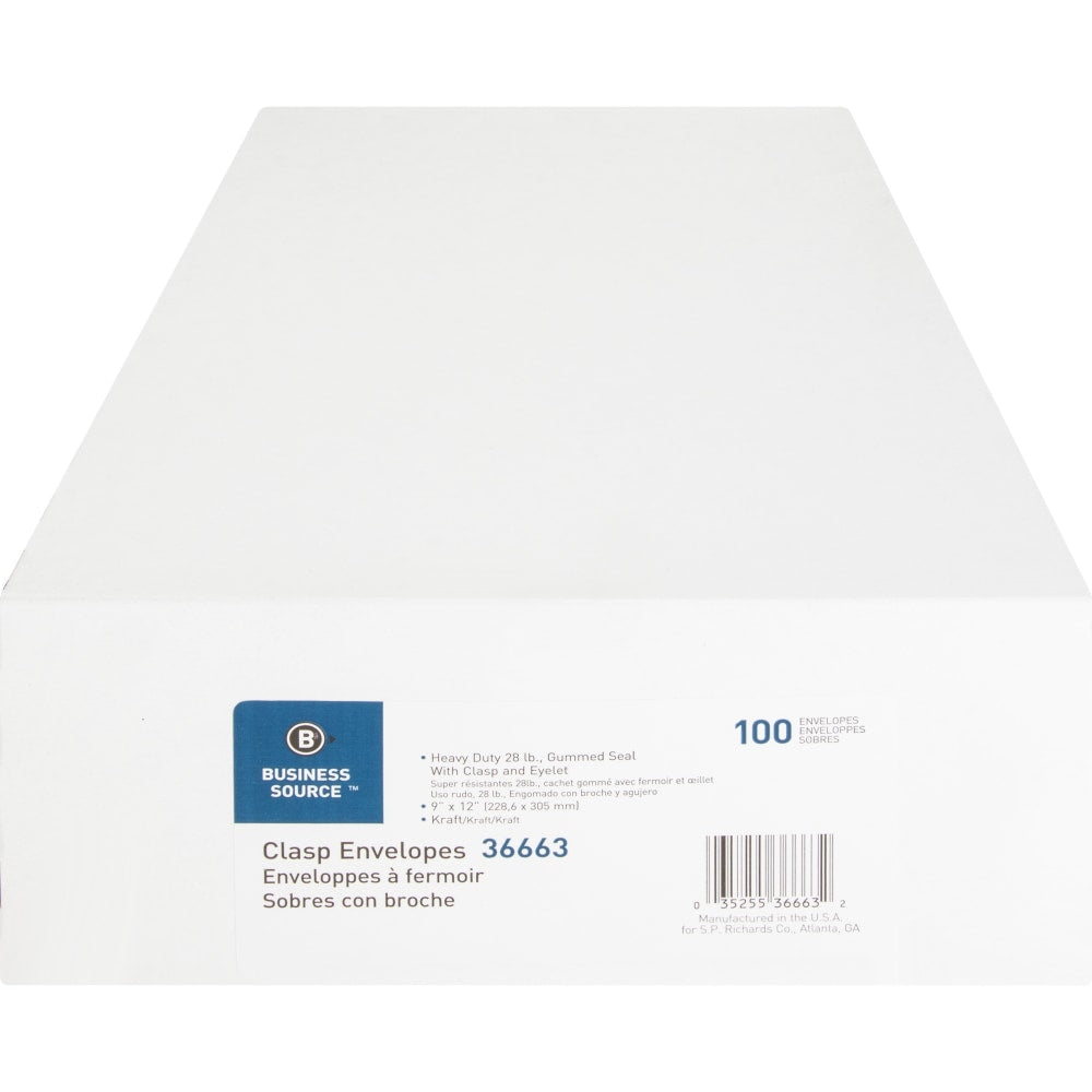 Business Source Heavy-duty Clasp Envelopes - Clasp - #90 - 9in Width x 12in Length - 28 lb - Clasp - Kraft - 100 / Box - Kraft