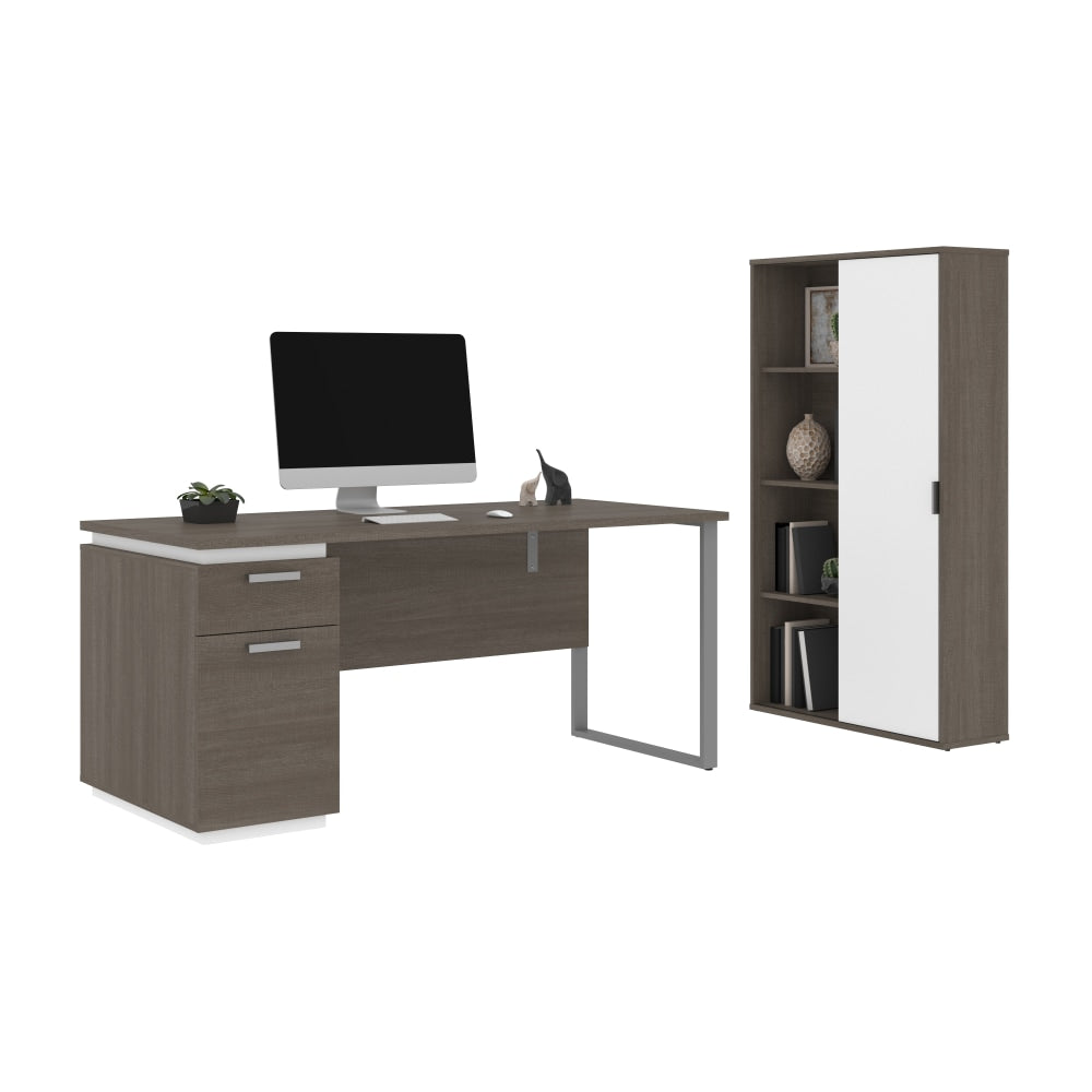 Bestar Aquarius 66inW Computer Desk With Single Pedestal And Storage Cabinet, Bark Gray/White