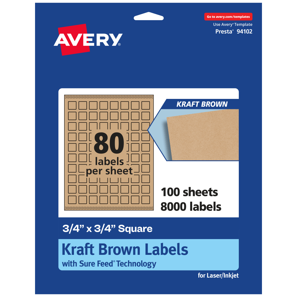 Avery Kraft Permanent Labels With Sure Feed, 94102-KMP100, Square, 3/4in x 3/4in, Brown, Pack Of 8,000