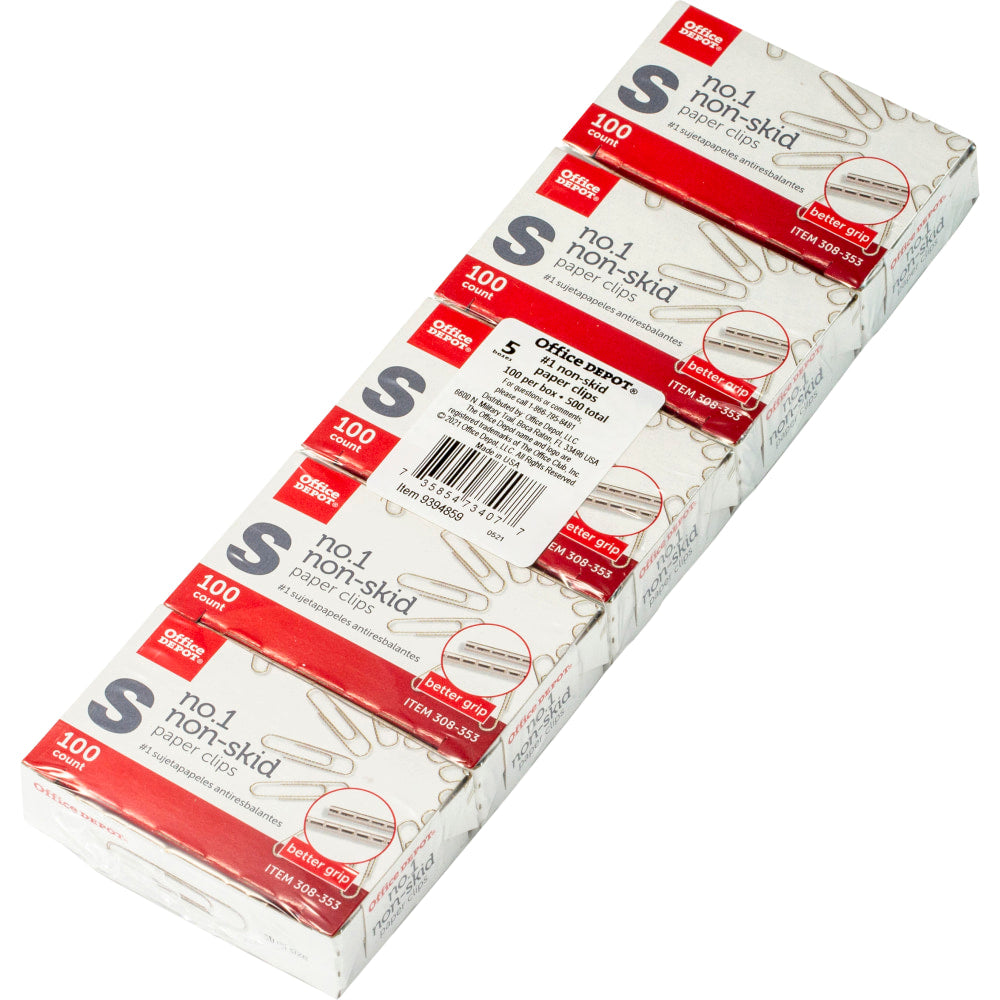 Office Depot Brand Non-Skid Paper Clips, No. 1, Small, Silver, Pack Of 5 Boxes, 100 Per Box, 500 Total