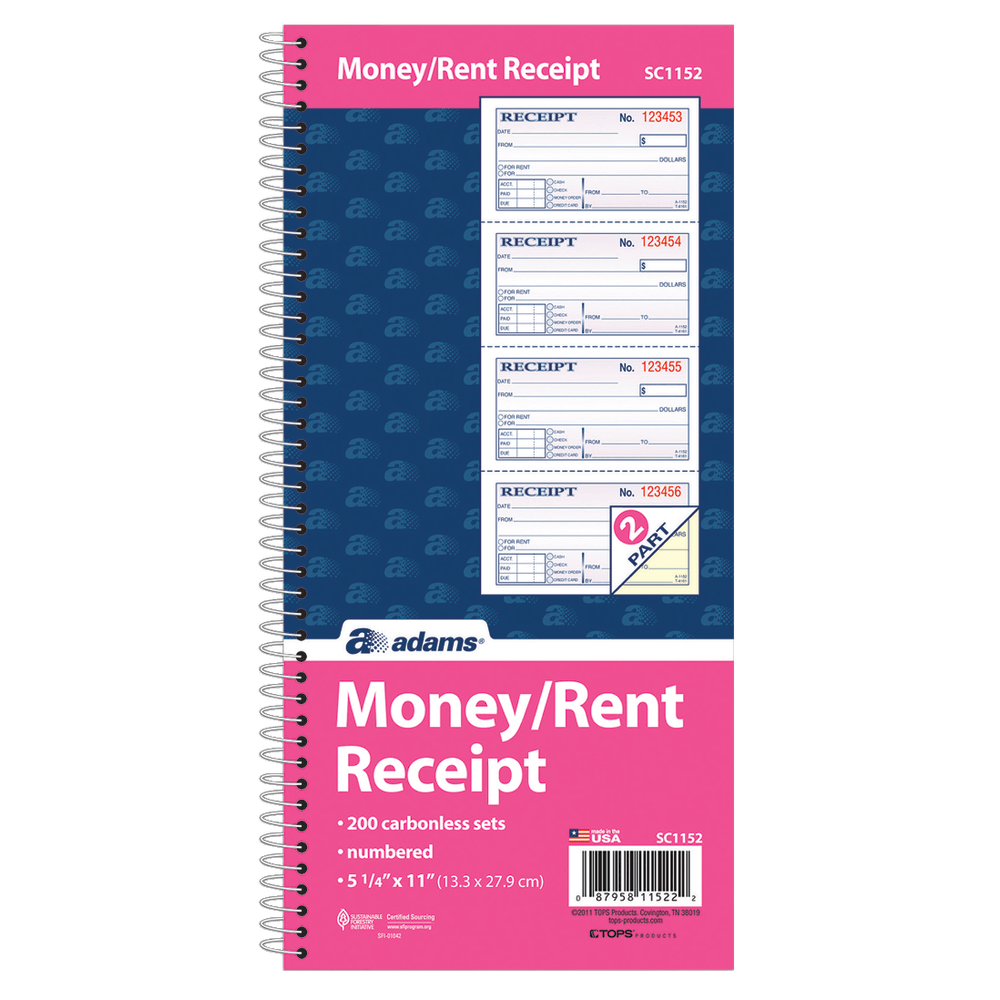 Adams Carbonless 2-Part Spiral Money/Rent Receipt Book, 11in x 5 1/4in, Book Of 200 Sets