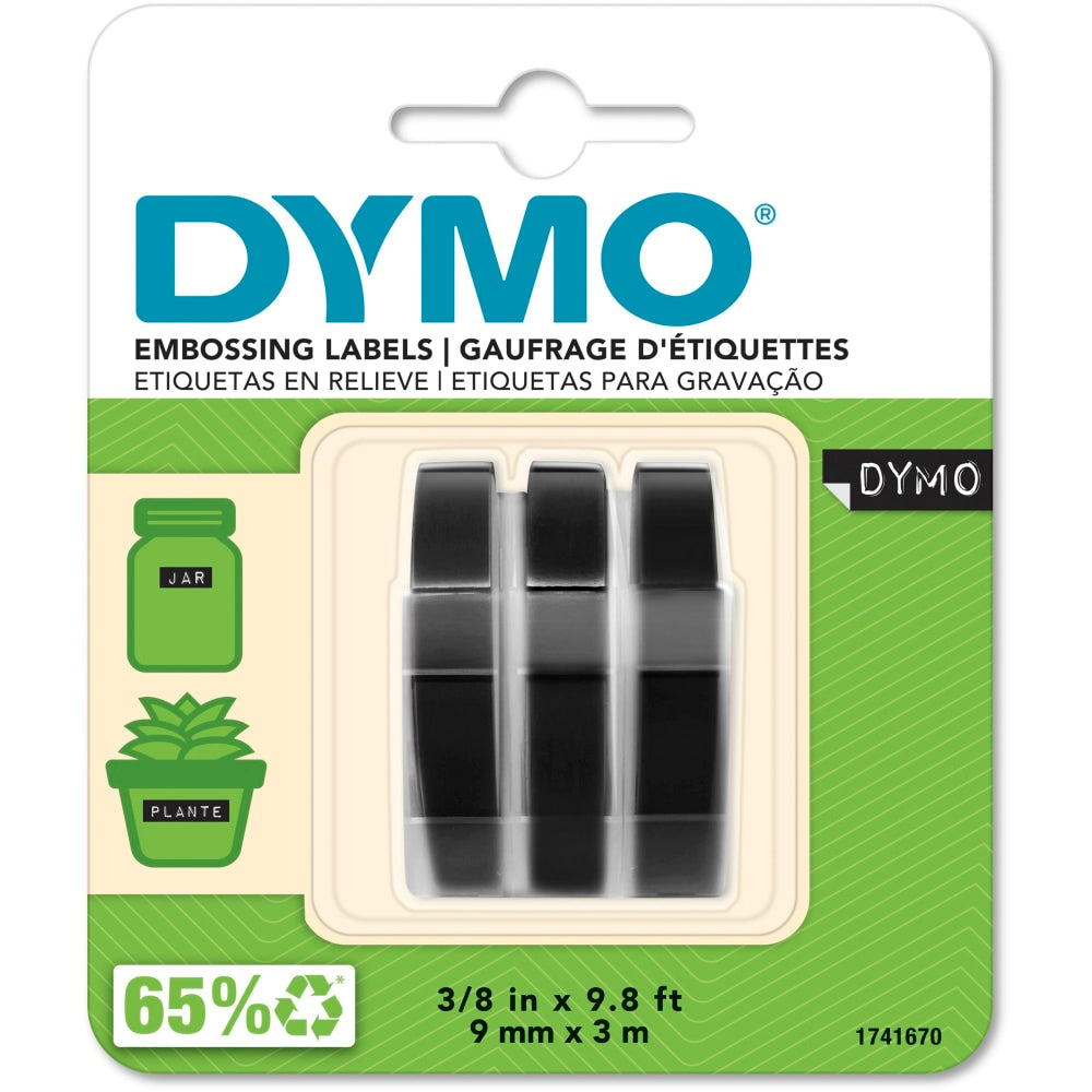 DYMO 3D Embossing Labels, 3/8in x 9 4/5in, Glossy Black, Pack Of 3 Rolls