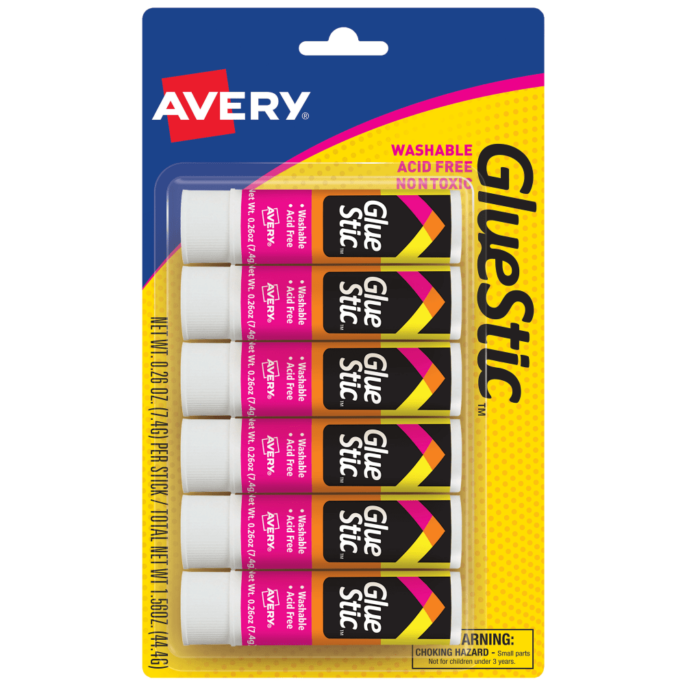 Avery Permanent Glue Stick, Washable, Nontoxic, 0.26 oz., Pack Of 6