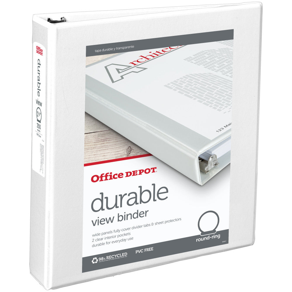 Office Depot Brand Durable View 3-Ring Binder, 1 1/2in Round Rings, White