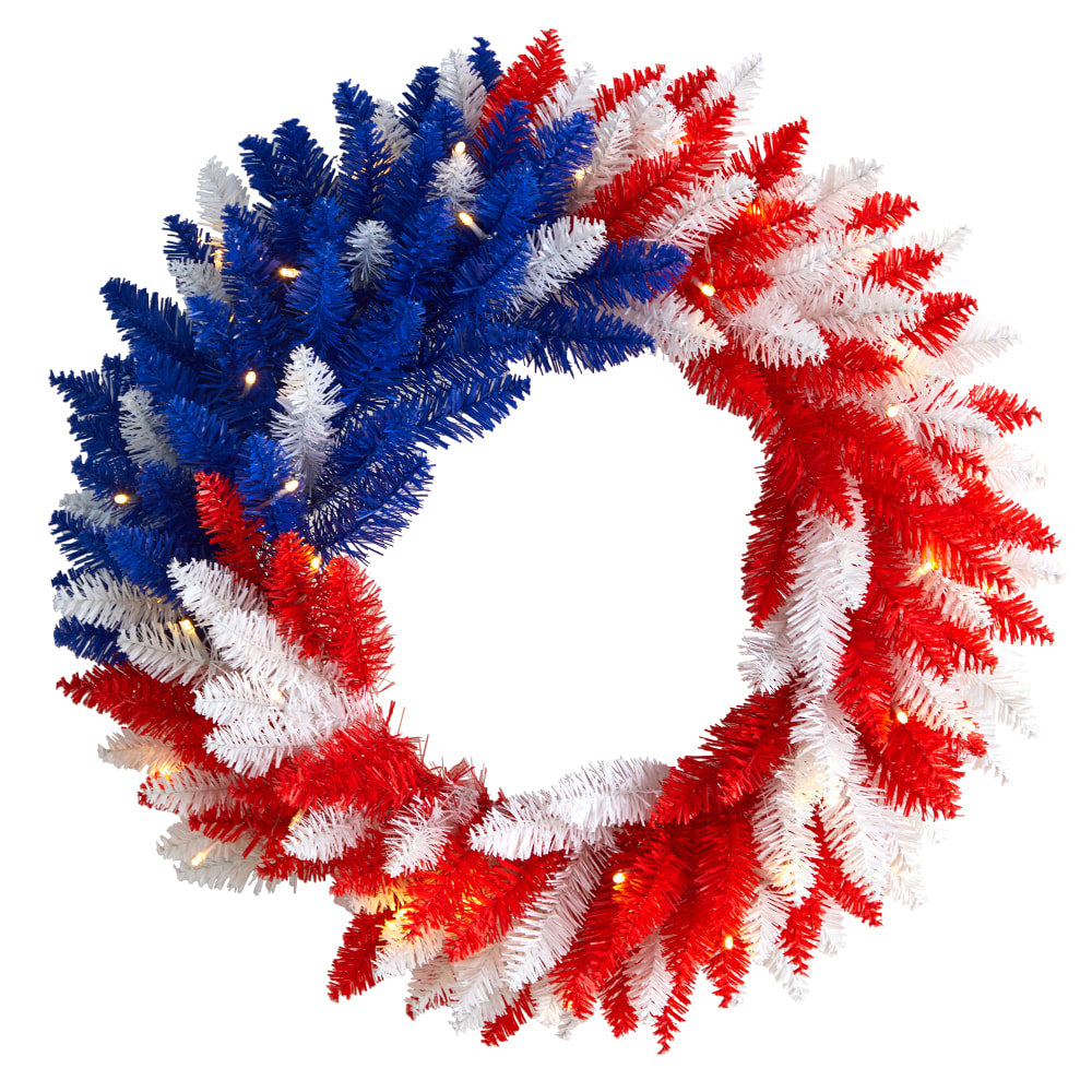 Nearly Natural Patriotic Americana 18inH Artificial Wreath With 20 LED Lights, 18inH x 18inW x 3inD, Red/White/Blue