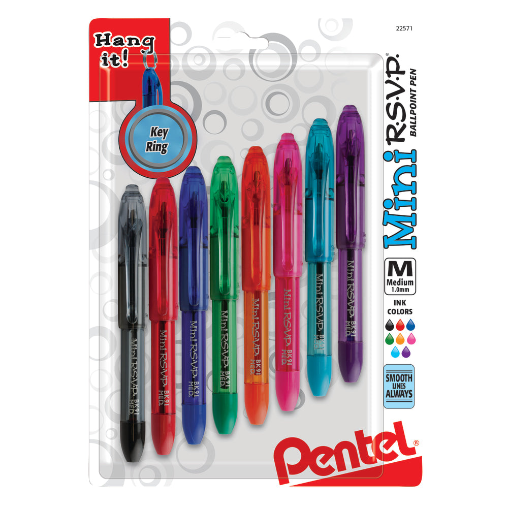 Pentel R.S.V.P. Mini Ballpoint Pens, Medium Point, 1.0 mm, Assorted Colors, Pack Of 8