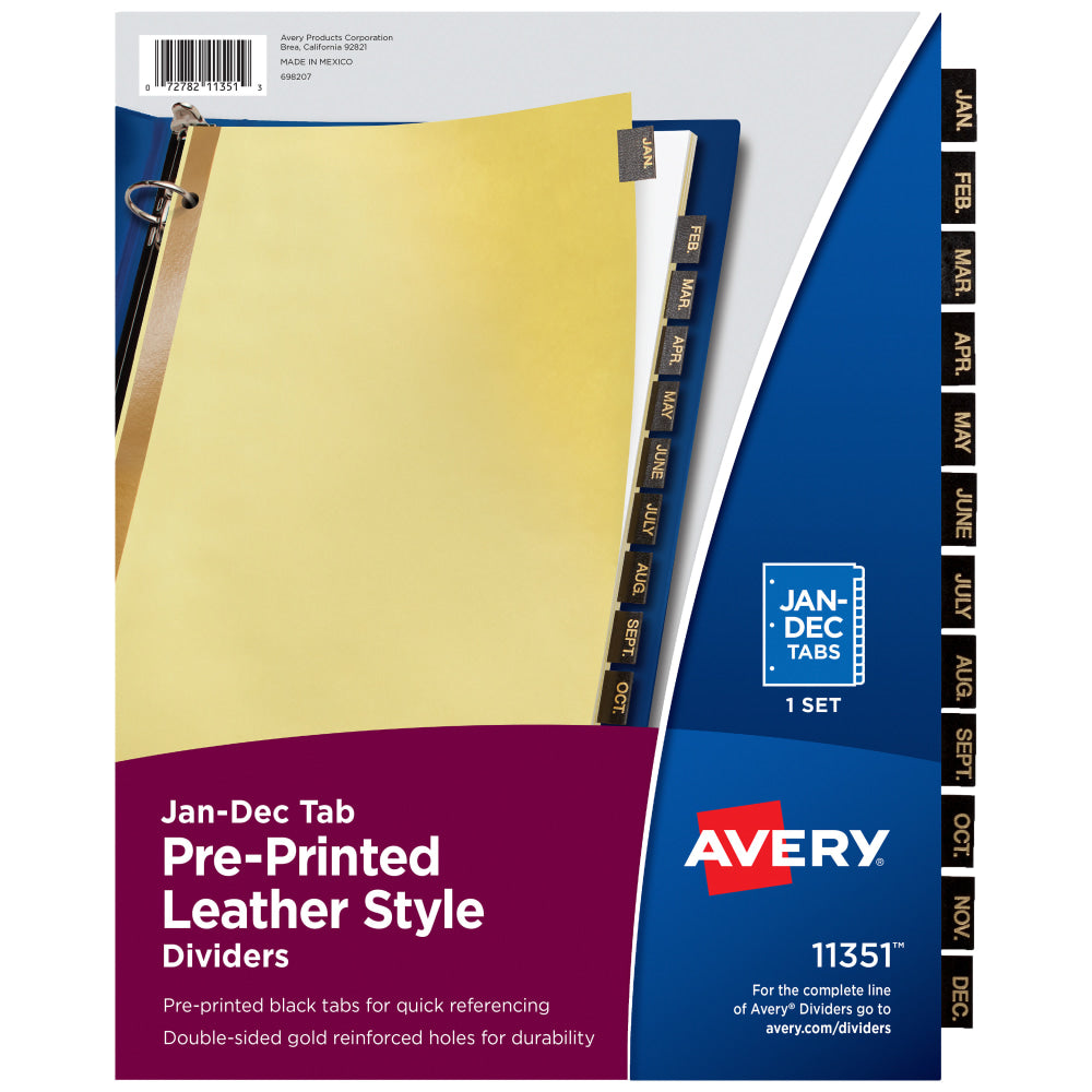 Avery Jan-Dec Dividers For 3 Ring Binders, 8-1/2in x 11in, 12-Tab Set, Pre-Printed Black Leatherette Tabs, 1 Binder Divider Set (11351)