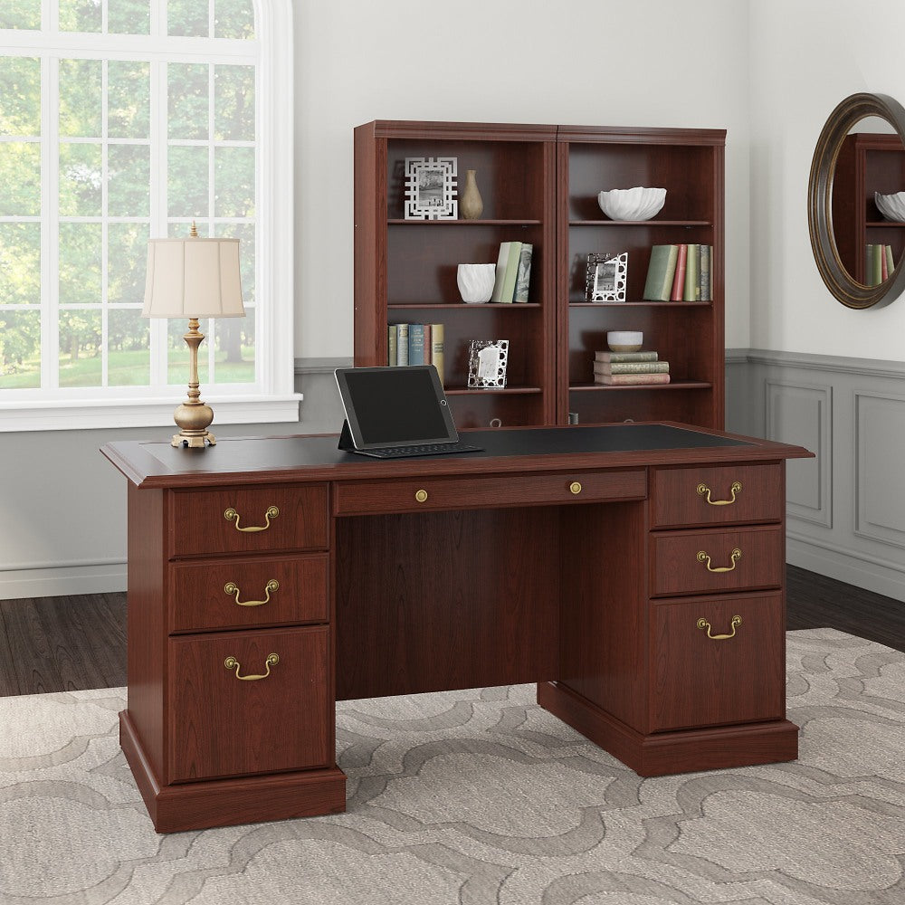 Bush Business Furniture Saratoga 66inW Executive Computer Desk And Two 5-Shelf Bookcases, Harvest Cherry/Black, Standard Delivery