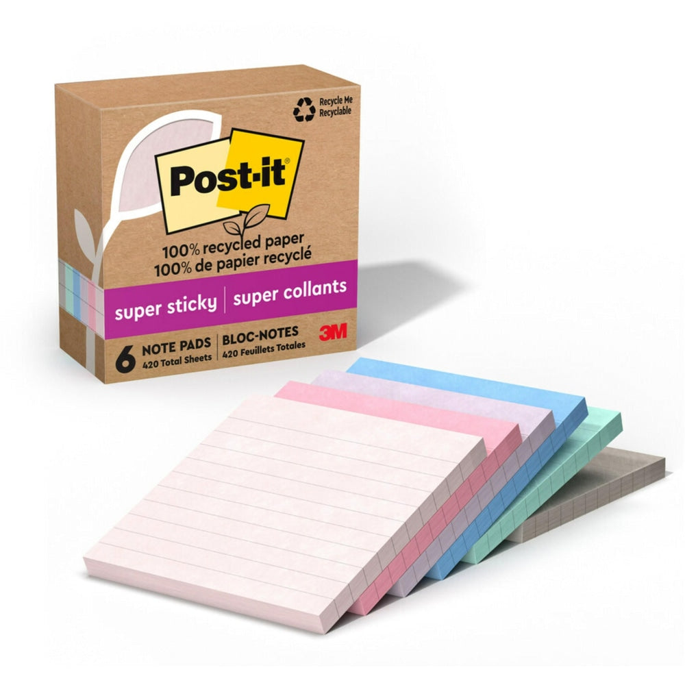 Post-it Paper Super Sticky Notes, 420 Total Notes, Pack Of 6 Pads, 4in x 4in, 100% Recycled, Wanderlust Pastels, 70 Sheets Per Pad