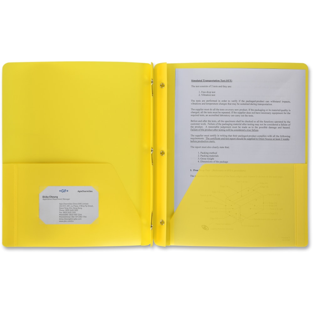 Business Source 3-Hole Punched Poly Portfolio, Letter Size, 8-1/2in x 11in, Yellow