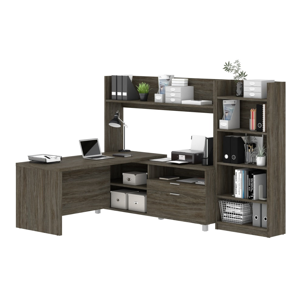 Bestar Pro-Linea L-Shaped Desk With Hutch And Bookcase, Walnut Gray