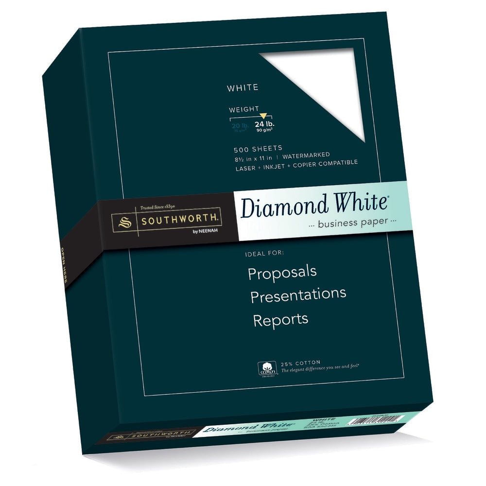 Southworth Diamond White 25% Cotton Business Paper, 8 1/2in x 11in, 24 Lb, White, Box Of 500