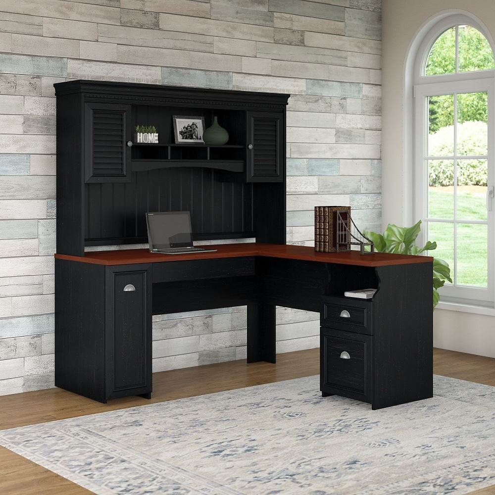 Bush Business Furniture Fairview 60inW L-Shaped Corner Desk With Hutch, Antique Black/Hansen Cherry, Standard Delivery