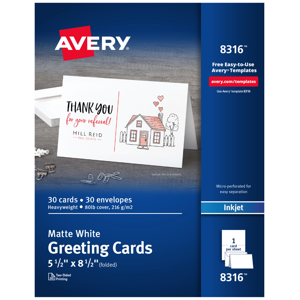 Avery Printable Greeting Cards With Envelopes, Half-Fold, 5.5in x 8.5in, Matte White, 30 Blank Greeting Cards