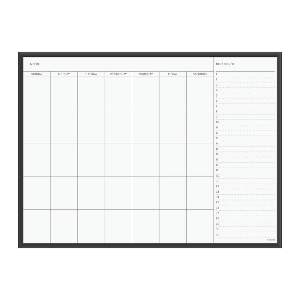 U Brands Magnetic Dry Erase Monthly Calendar Board, 47in X 35in, Black Aluminum Frame