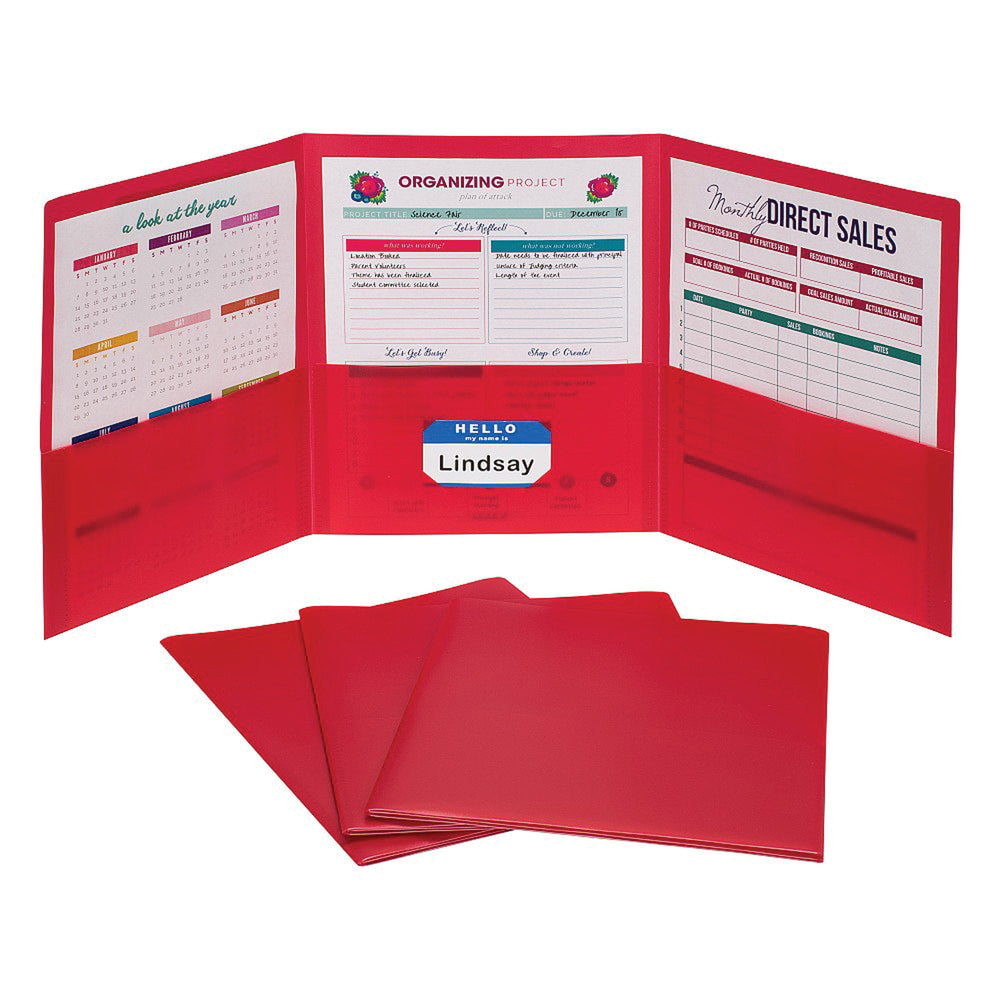 C-Line 3-Pocket Poly Portfolios, 8-1/2in x 11in, Letter Size, Red, Pack Of 24 Portfolios