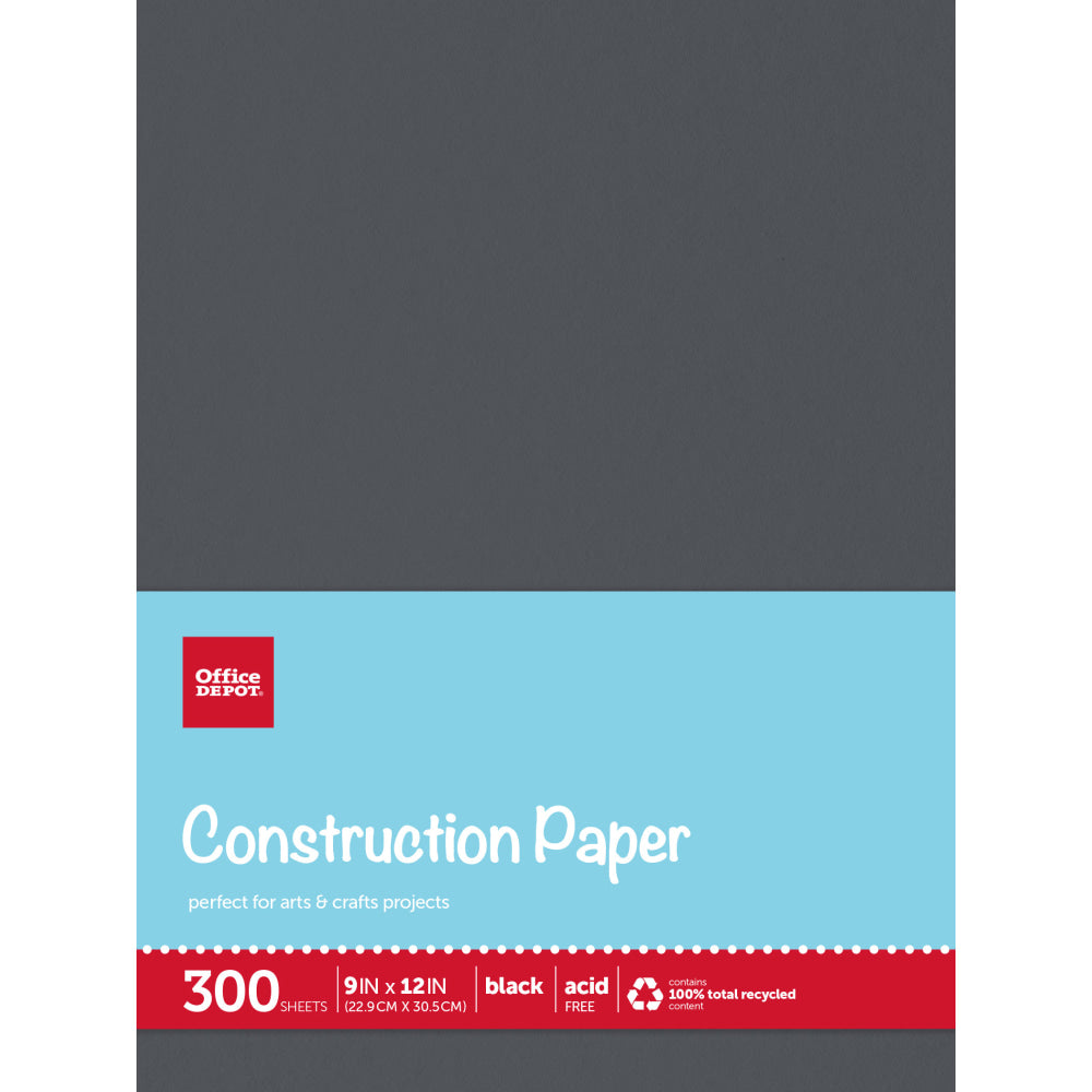 Office Depot Brand Construction Paper, 9in x 12in, 100% Recycled, Black, Pack Of 300 Sheets