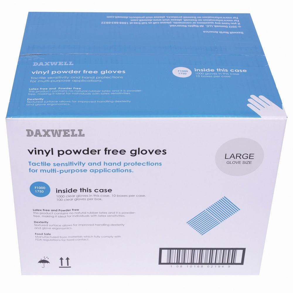 Daxwell Vinyl Gloves, Large, Clear, 100 Gloves Per Pack, Box Of 10 Packs