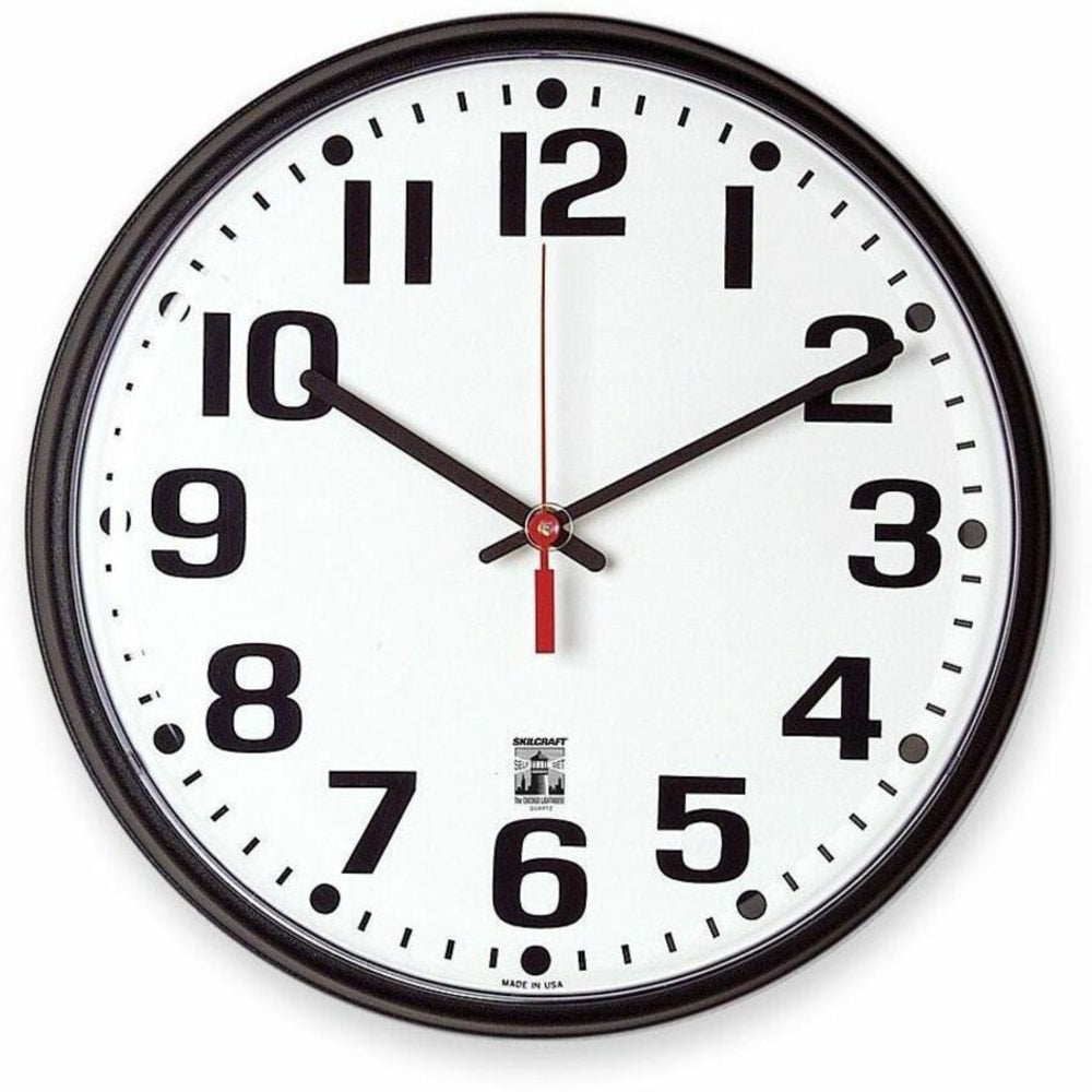 Skilcraft Self-Set Wall Clock, 12in, Black Frame (AbilityOne 6645-01-557-3148)