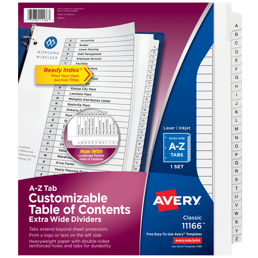 Avery Extra-Wide A-Z Tab With Customizable Table of Contents Dividers For 3 Ring Binders, 9-1/4in x 11in, 26 Tab, White, 1 Set