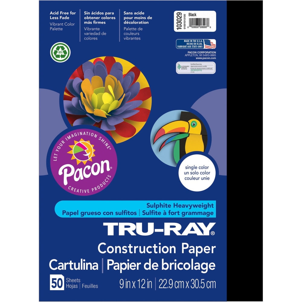 Tru-Ray Construction Paper, 50% Recycled, 9in x 12in, Black, Pack Of 50