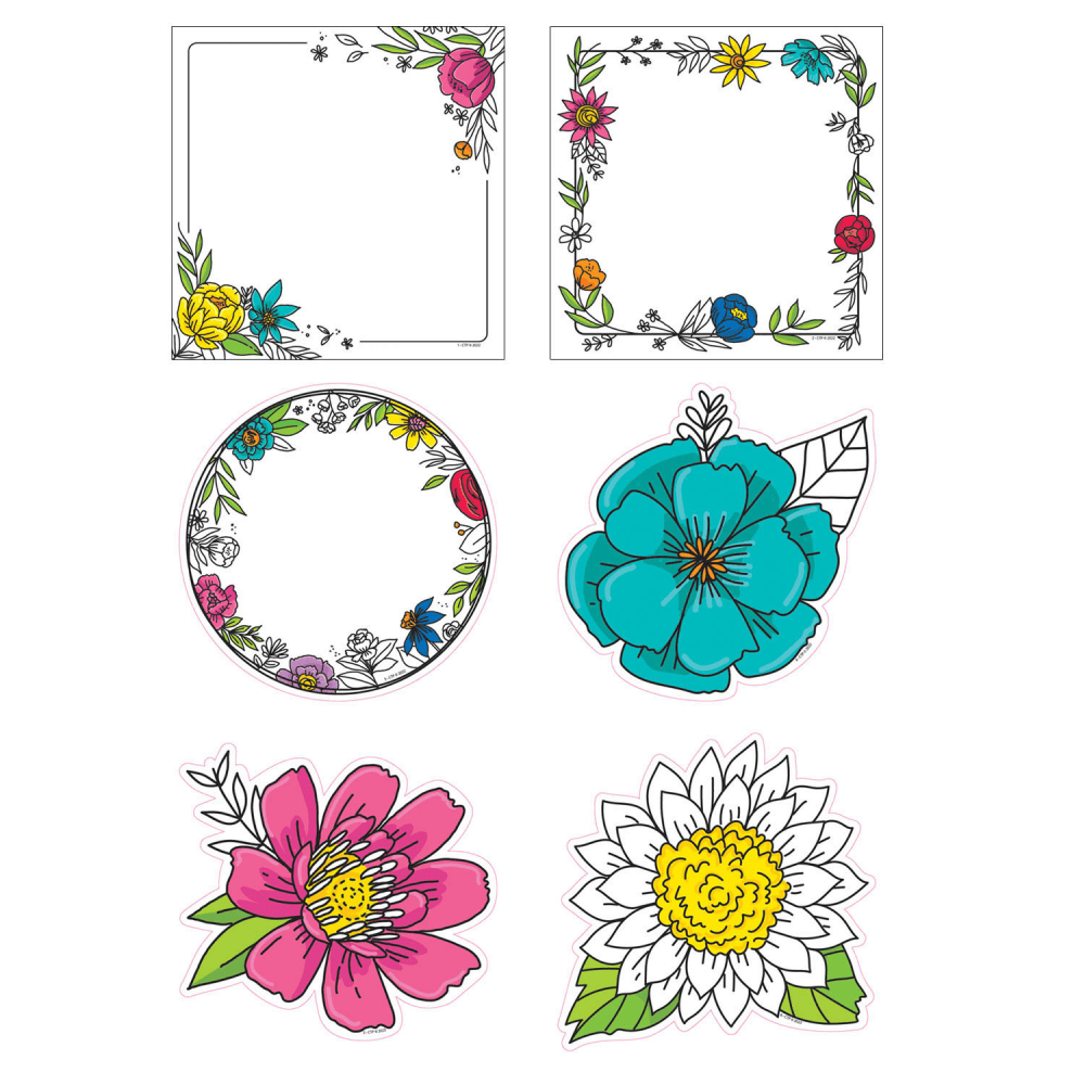 Creative Teaching Press Designer Cut-Outs, 6in, Bright Blooms Doodly Blooms, 36 Cut-Outs Per Pack, Set Of 3 Packs