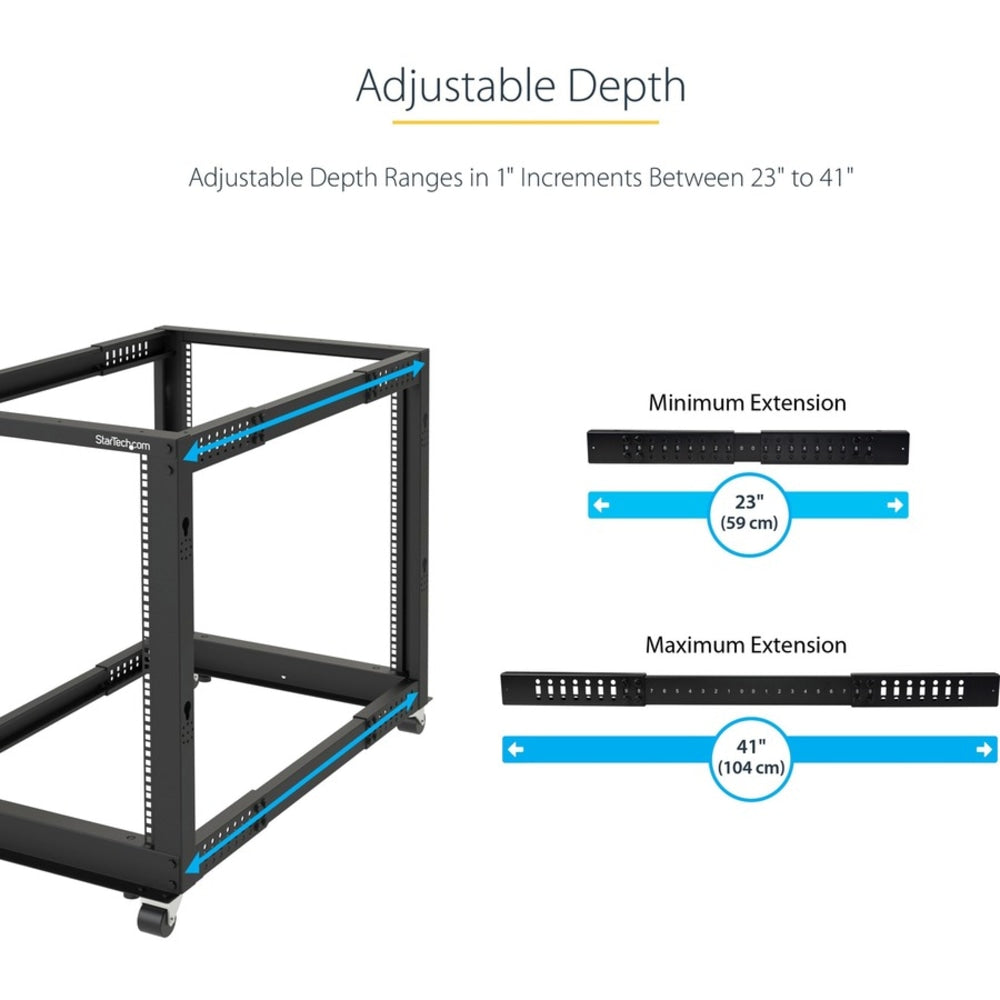 StarTech.com 15U Open Frame Rack - 4 Post - 22-40 in. Adjustable Depth - 1200 lbs Weight Capacity - Includes Casters (4POSTRACK15U)