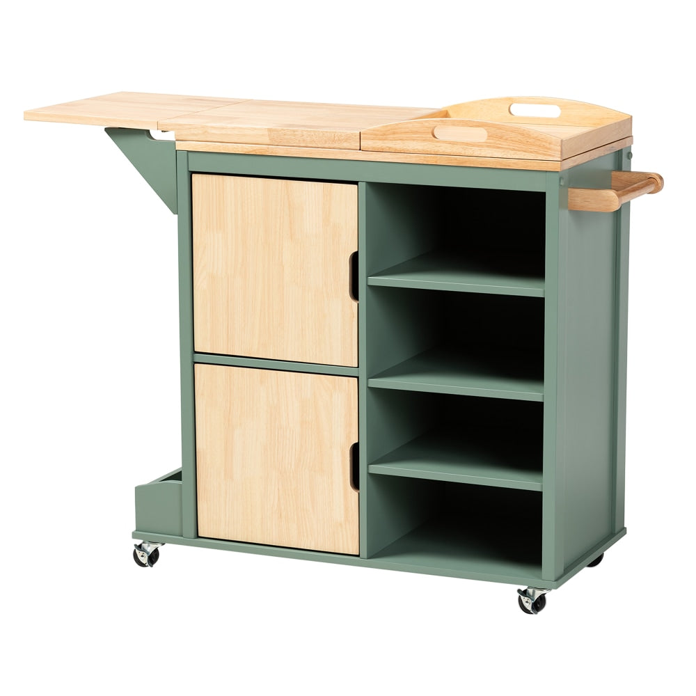 Baxton Studio Dorthy Kitchen Storage Cart, 37-3/16inH x 47-11/16inW, Dark Green/Natural