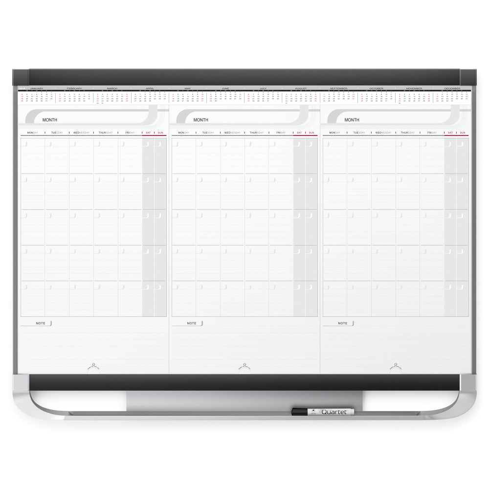 Quartet Prestige 2 Total Erase 3 Month Calendar Dry-Erase Whiteboard, 36in x 24in, Aluminum Frame With Graphite Finish