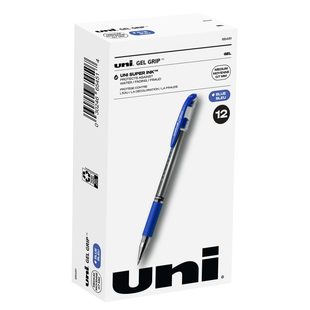 uni-ball Gel Grip Pens, Medium Point, 0.7 mm, Clear Barrel, Blue Ink, Pack Of 12