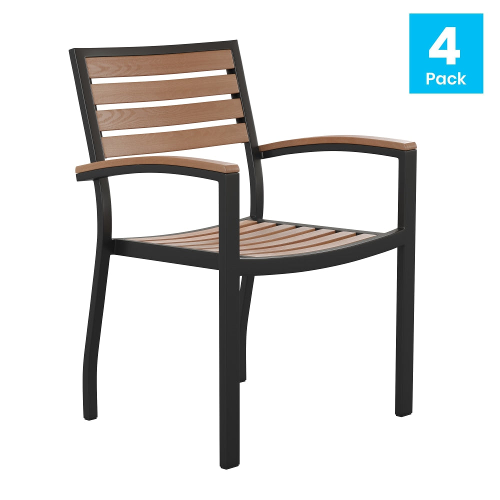 Flash Furniture Lark Outdoor Stackable Faux Teak Side Chairs, Teak/Black, Set Of 4 Chairs