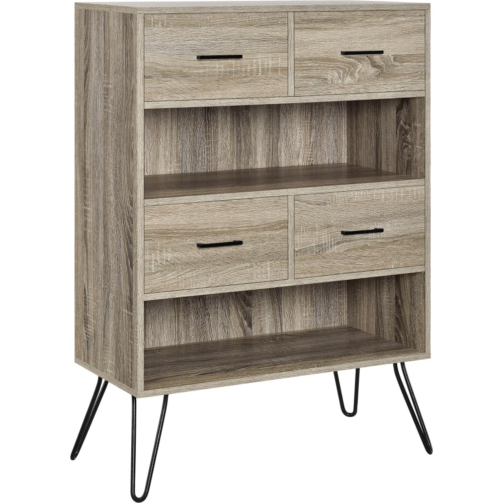 Ameriwood Home Landon Retro 44inH 2-Shelf Bookcase With Bins, Distressed Gray Oak