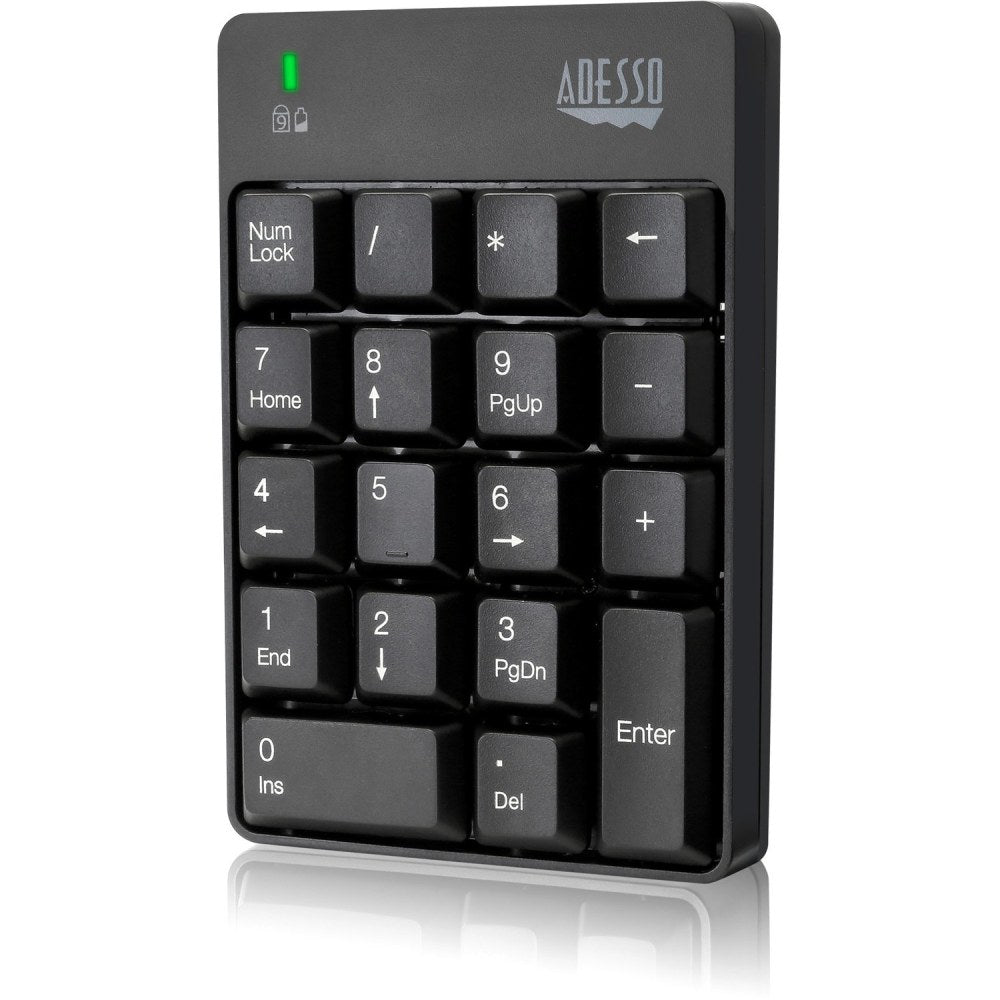 Adesso Wireless Spill Resistant 18-Key Numeric Keypad - Wireless Connectivity - RF - 30 ft - 2.40 GHz - USB Interface - 18 Key - English (US) - Computer - Windows - Membrane Keyswitch - AAA Battery Size Supported - Black