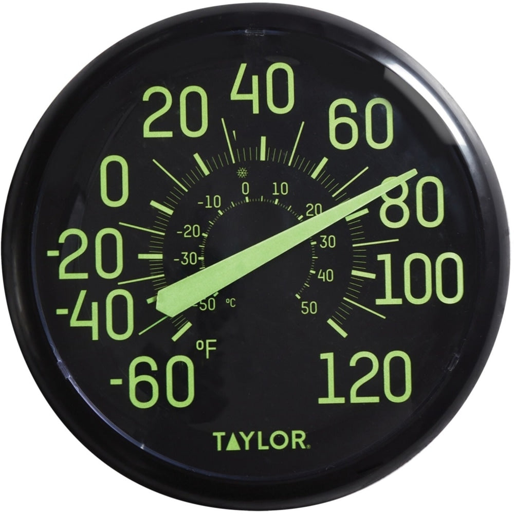 Taylor 13.25in Indoor/Outdoor Glow in the Dark Thermometer - 60 deg.F (-51.1 deg.C) to 120 deg.F (48.9 deg.C) - For Indoor/Outdoor, Garden, Home, Room - Assorted