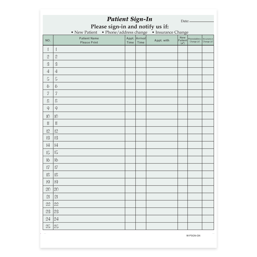 HIPAA Compliant Patient/Visitor Privacy 2-Part Sign-In Sheets, 8-1/2in x 11in, Green, Pack Of 125 Sheets