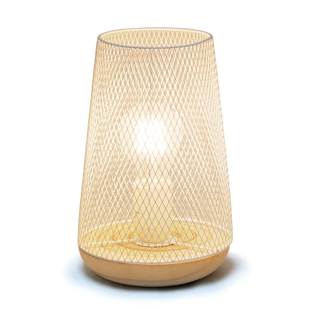 Simple Designs Wired Mesh Uplight Table Lamp, 9inH, White Shade/Natural Wood Base